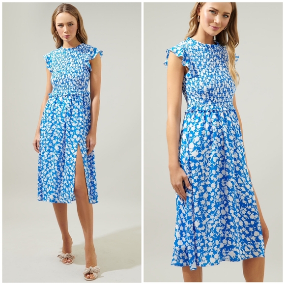 LAST 1❗️SUGARLIPS Palmas Amira Blue Ivory Smocked Midi Dress - Picture 10 of 12